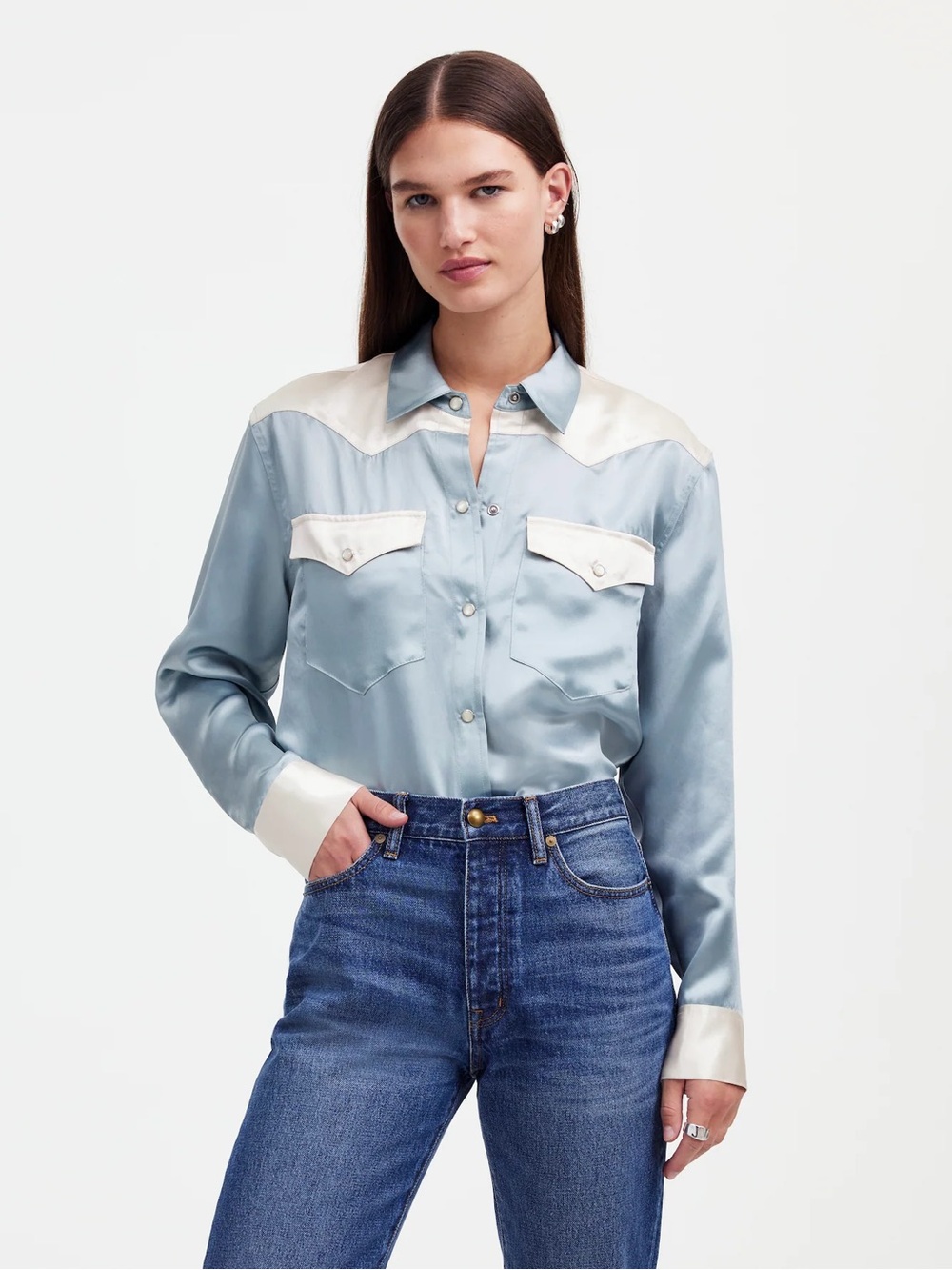 NWT Alexa Chung for Madewell Blue and White Satin Western Shirt